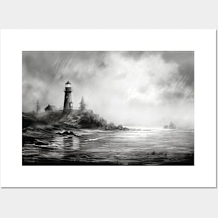 Lighthouse Sea Landscape Wild Ocean Nature Ink Sketch Style Posters and Art